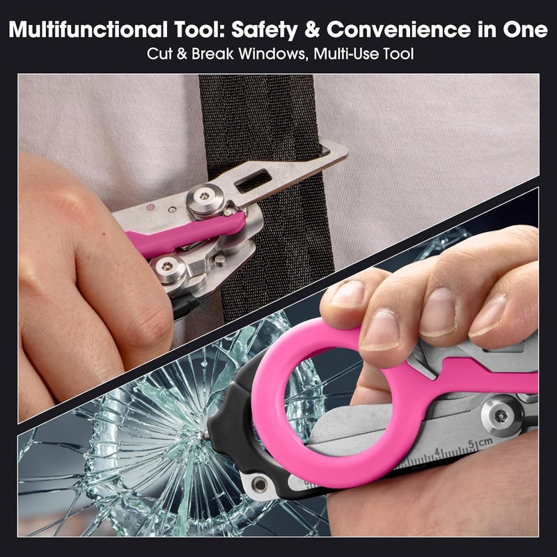 Lemasa 6 in 1 Multifunctional Combination Tool, Folding Retractable Emergency Shears, Outdoor Camping Tools, Seat Belt Cutter, Oxygen Cylinder Wrench, Complimentary Adjustable Wrench (Black Pink) - Image 4